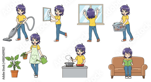 Cartoon girl doing household chores and relaxing at home