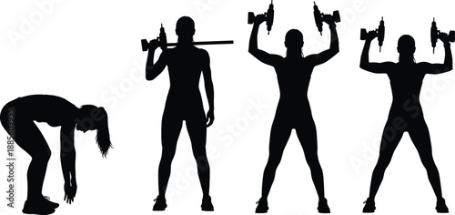 Strong fitness silhouettes performing strength training exercises with weights, powerful athletic workout illustration