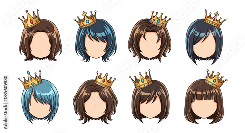 Cartoon royal crowned heads with different hairstyles