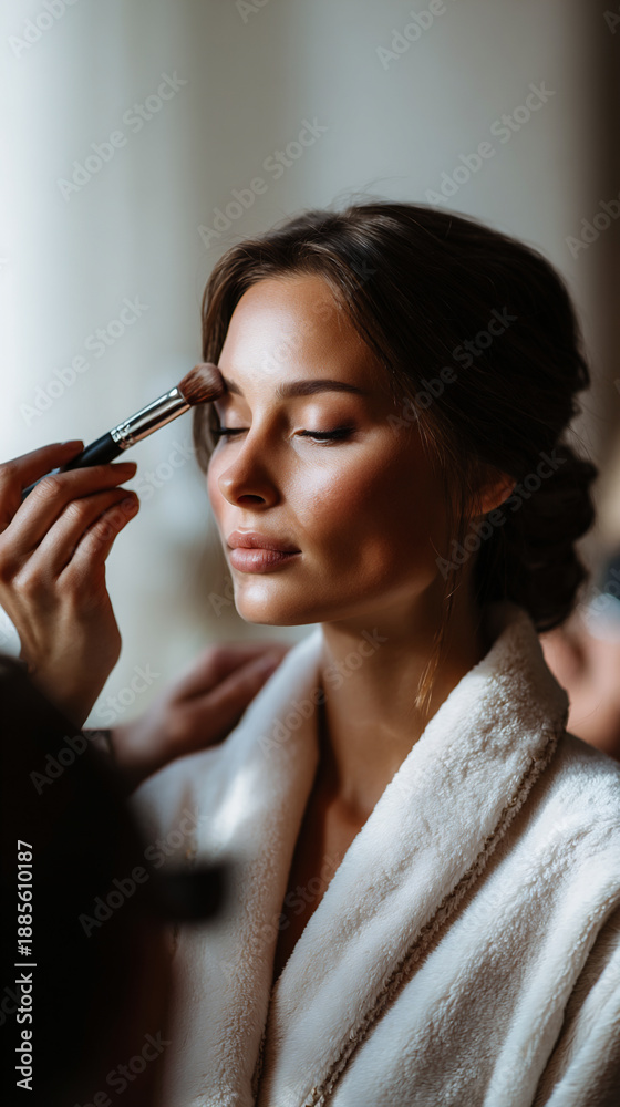 Obraz premium makeup artist applying cosmetics to woman, beauty professional doing makeup in bright studio, woman getting professional makeup in clean ambient