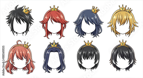 Eight cartoon royal hairstyles with crowns for characters