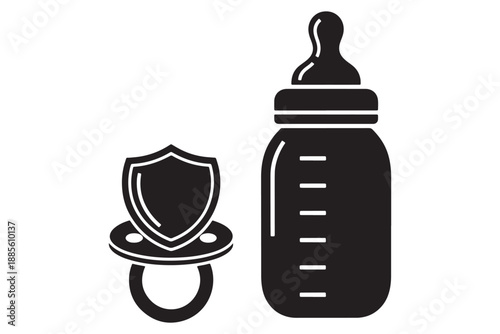 A black and white illustration of a baby bottle and pacifier with a shield on it.