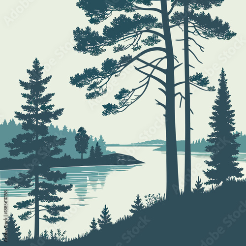 Serene lake and pine trees, negative space design, minimalist vector landscape illustration.