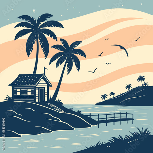 Isolated island at twilight, minimal vector art, deep blue hues, serene night landscape.