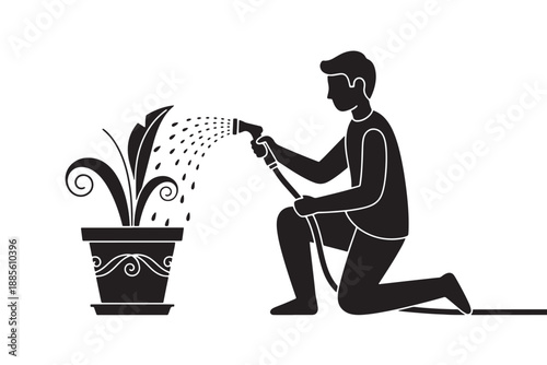 A man kneeling and watering a potted plant with a hose in a simple black and white illustration