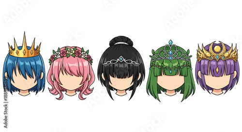 Cartoon princess heads with crowns and tiaras in various colors