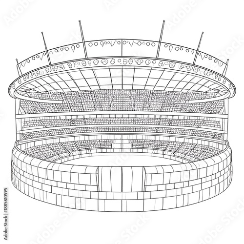 Line drawing of a large, multi-tiered stadium, with lights and a circular field