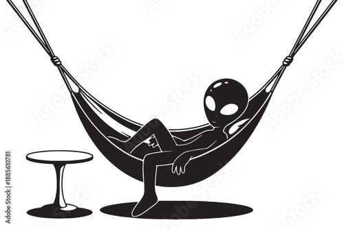A cartoon alien relaxing in a hammock with a small table beside it