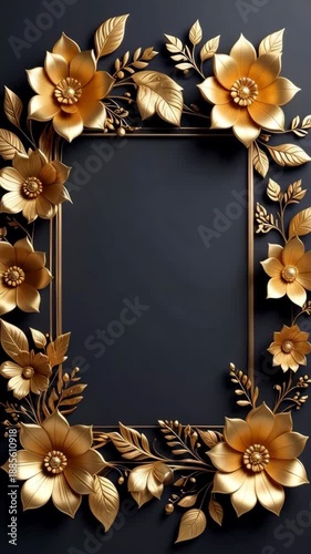Elegant golden floral frame against a dark gray background, perfect for text or image overlay, suitable for invitations or announcements