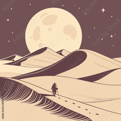 Moonrise desert landscape rendered in muted flat vector style, depicting gentle dunes under a starry twilight sky for a tranquil, natural scene.