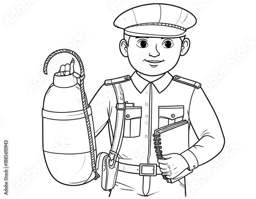 Line drawing of a mail carrier in uniform, holding a canteen and a notepad