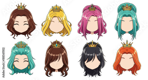 Cartoon princess heads with colorful hair and crowns