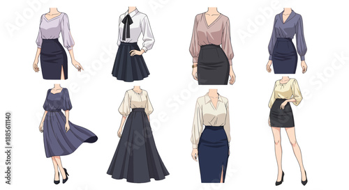 Elegant women in stylish office outfits and formal wear