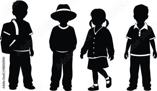 WebCute children silhouettes standing together in casual outfits, black vector illustration representing childhood, innocence, diversity, education, school life, and playful kids character concepts