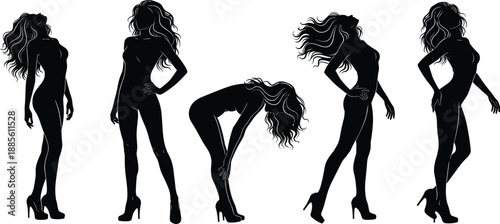 Elegant female fashion silhouettes showcasing dynamic poses, high heels and flowing hair, modern minimal black vector illustration for style, beauty, and design concepts