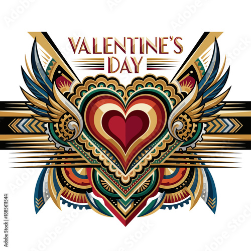 Art Deco Winged Heart Emblem, Valentine Lettering and Geometric Ribbons in Bold Crest Style
