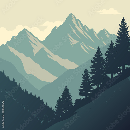 Mountain ridge landscape constructed from stacked trapezoidal shapes, offering a modern, geometric take on nature with a minimalist flat vector aesthetic.