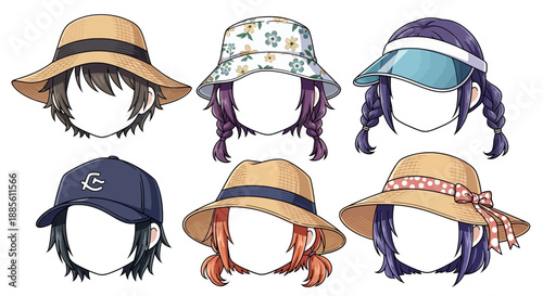 Cartoon characters wearing various stylish hats and sunglasses