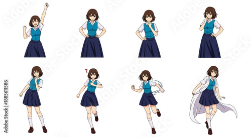Young schoolgirl in various dynamic poses and emotions