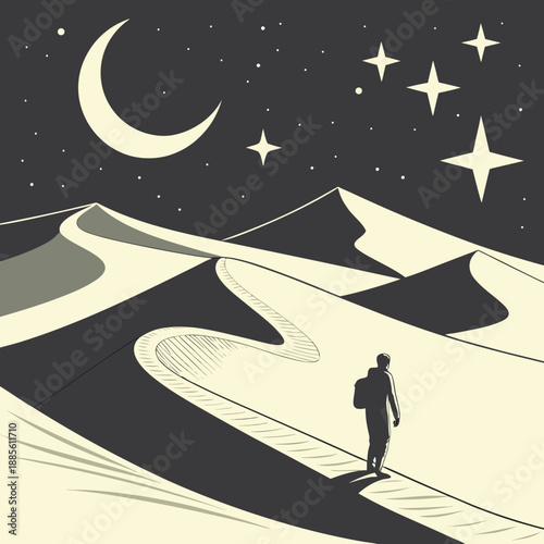 Abstract night desert landscape bathed in ethereal moonlight and starry sky, vector art.