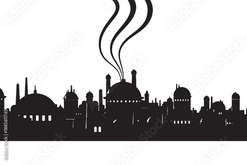 A black silhouette of a city skyline with domes and minarets against a white background