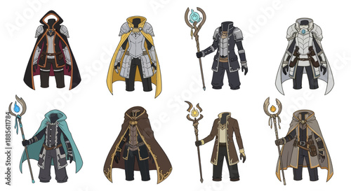 Fantasy characters in magical robes with staffs and armor
