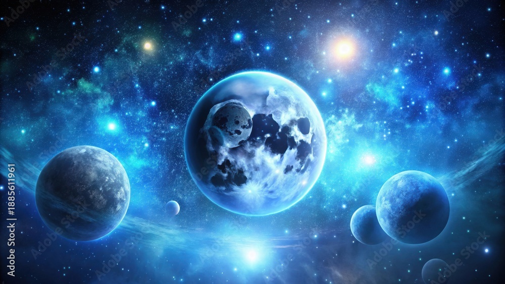Obraz premium Celestial Bodies Orbiting in a Vibrant Nebula, Illuminated by Distant Stars and Glowing Interstellar Dust