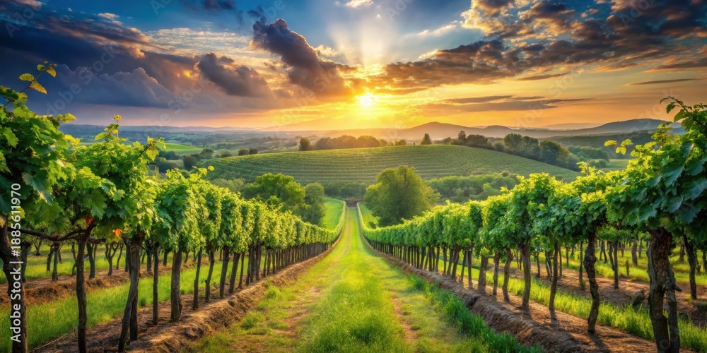 Fototapeta premium Serene Vineyard Pathway at Sunset Rows of Lush Grapevines Leading to a Golden Horizon