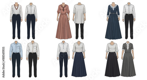 Elegant business attire for men and women in modern office settings