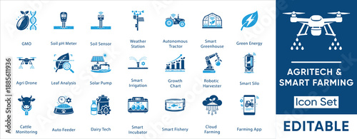 Agritech and smart farming icon set. Containing drone, tractor, greenhouse, irrigation, soil sensor, harvester, robot and more. Solid vector icons collection.