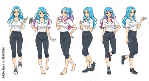 Diverse poses of young woman with blue hair in casual outfit