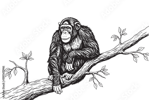 A chimpanzee sitting on a tree branch with leaves, looking curious and playful in a natural setting.