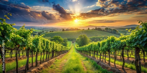 Wallpaper Mural Serene Vineyard Pathway at Sunset Rows of Lush Grapevines Leading to a Golden Horizon Torontodigital.ca