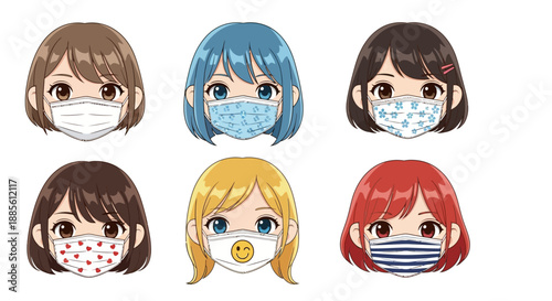 Cute anime girls wearing colorful face masks for health protection