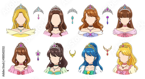 Cartoon princesses with tiaras and jewelry in various colors