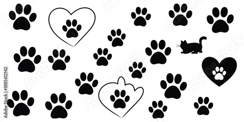 Pet paw editable stroke, featuring footprints, heart with paw print icons for dogs and cats, designed as clean vector illustrations.