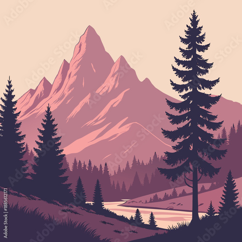 Simplified Nordic landscape at dusk with vector mountains and calm sky, minimalist illustration.