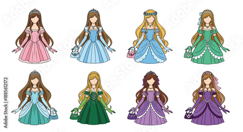 Elegant princesses in various colorful gowns and accessories