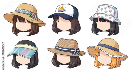Cartoon women wearing various stylish hats and caps