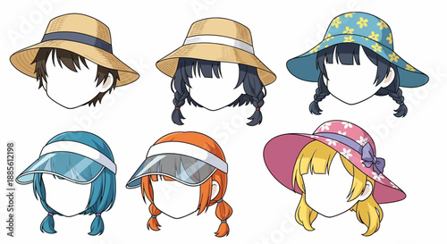 Cartoon characters wearing various colorful hats and visors