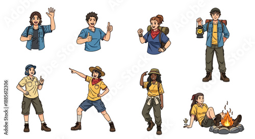 Diverse group of happy campers and hikers in various poses