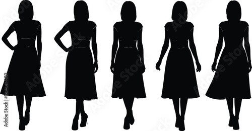 Elegant female walking silhouettes in dress collection, graceful fashion poses, minimal style concept, confident women figures, and modern beauty isolated on white background