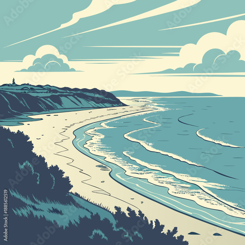 Tranquil ocean horizon landscape featuring soft vector gradients and peaceful blue expanse.