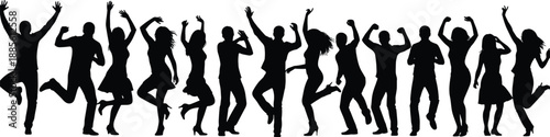 Energetic dancing people silhouettes jumping and celebrating together, vibrant group party illustration in black vector style symbolizing fun, freedom, youth culture, and joyful lifestyle concepts