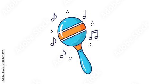 Illustration of a blue and orange baby rattle with musical notes on a white background in a flat style.