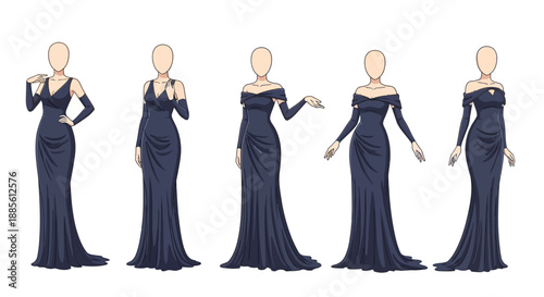 Elegant woman in various poses wearing long formal evening gowns