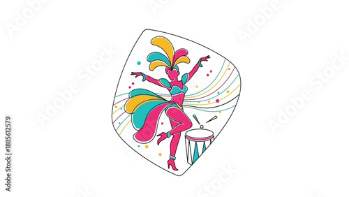 A colorful illustration of a dancer in a dynamic pose with vibrant feathers and music notes on a white background with a playful and lively mood.