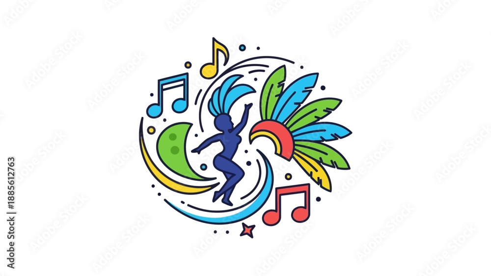Obraz premium Vibrant illustration of a dancing blue bird surrounded by colorful music notes and feathers on a white background with a lively and playful mood.