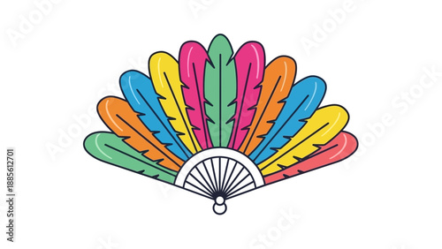 Colorful fan illustration with multicolored feathers on a white background.