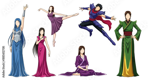 Diverse group of anime characters in various poses and outfits